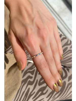 Spossy Silver Jewelry Pembe-Lacivert-Mavi-Beyaz Mineli Taşlı Tam Tur Ince Yüzük