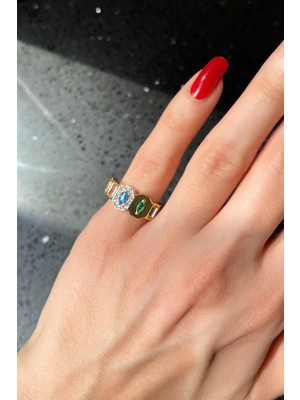 Spossy Silver Jewelry Renkli Kare Baget Taşlı Serçe Parmak/eklem Yüzük