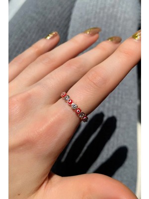 Spossy Silver Jewelry Kırmızı Mineli Tam Tur Taşlı Yüzük