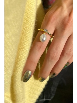 Spossy Silver Jewelry Damla Gerçek Inci Sallantılı Yüzük