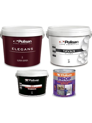 Polisan 4 Parça Boya Seti 10KG / 7,5 Lt Polisan Elegans Silinebilir Iç Cephe Duvar Boyası + 10KG Polisan Tavan Ultra + Polisan 2,5lt Panel Kapı Boyası + Polisan 2,5kg Nem Rutubet Boyası