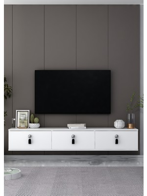 Demonte Decor 1394TV180DD-64 Duvara Montaj Tv Sehpası Beyaz-Siyah Gümüş