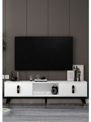 Demonte Decor 1395TV150DD-32 Tv Sehpası Beyaz-Siyah Altın
