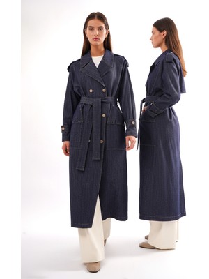 Ceremony Önden Kruvaze Çıtçıt Detay Denim Kap Ceket Trench 823 Denim