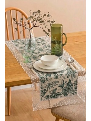 Rona Home Yeşil Çiçekli Pamuklu Runner Dantelli Çiçek Desenli Masa Şalı Özel Tasarım Pamuk Kumaş Runner