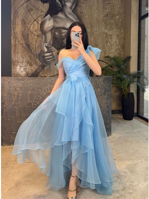 Miss Swans Chanel Tek Kol Önü Kısa Kuyruklu Kemerli Şifon Elbise Bebe Mavi