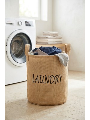 YUNUSOĞLU HOME Çamaşır Sepeti Kumaş Kulplu Jüt Kumaş Katlanabilir Laundry Yazılı Bej Renk