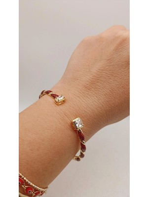 Tılsım Accesories Zirkon Taşlı Gold - Kahverengi Mineli Kelepçe Bileklik