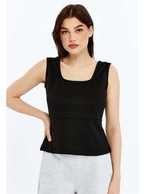 Defy's Kadın Kare Yaka Kolsuz Kalın Askılı Esnek Basic Bluz