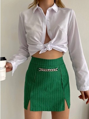 Shoplet Zincir Detaylı Çizgili Şort Etek