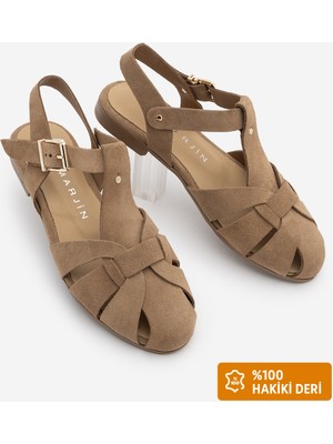 Marjin Kadın Hakiki Deri Bilekten Bantlı Tokalı Önü Kapalı Süet Günlük Sandalet Yenzar Camel Süet