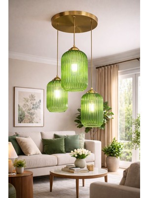 Minimal Lotus TRİO Forest Green Plafonyer Cam Avize