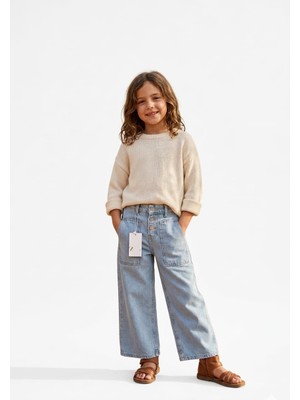 Butik Kız Çocuk Açık Mavi Geniş Paça Kot Pantolon %100 Pamuk  Rahat Kalıp