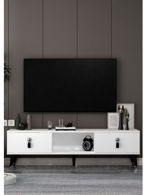 Demonte Decor 1396TV150DD-64 Tv Sehpası Beyaz-Siyah-Gümüş