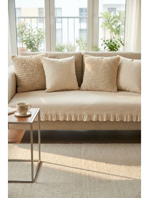 YUNUSOĞLU HOME Keten Pamuk Koltuk Örtüsü Fırfırlı Krem 90X200 cm Şık ve Doğal Görünüm