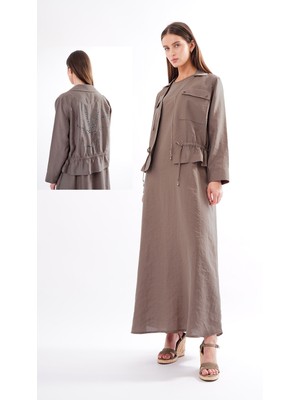 Ceremony Beli Büzgülü ve Fermuar Detay Safari Bolerolu Elbise 909 Vizon