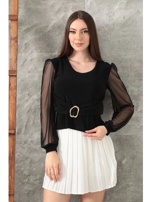 Shoplet Tokalı Tül Kollu Bluz Siyah