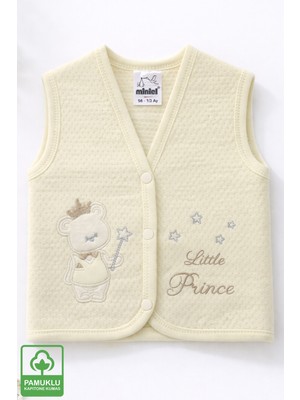 Miniel Unisex Bebek Prens Ayıcık Nakışlı Organik Pamuklu 3-6-9 Ay Kapitone Bebek Yelek