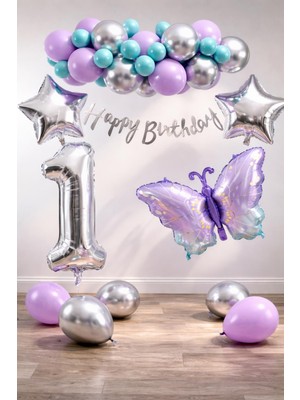 Patladı Gitti Lila Kelebek Temalı 1 Yaş Doğum Günü Balon Süsleme Seti – Lila Gümüş Parti Dekorasyon Seti