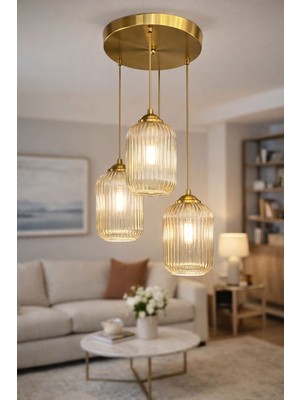 Minimal Lotus Trio Gold Chrome Plafonyer Cam Avize