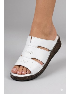 Shoemix Hakiki Deri Beyaz Kadın Comfort Terlik-Günlük Rahat Taban