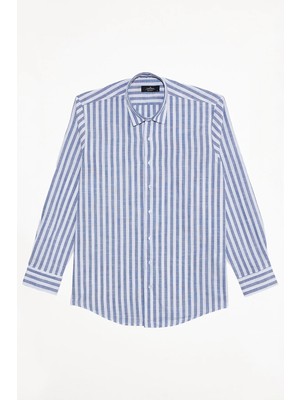 Tudors Erkek Regular Fit Klasik Kesim %100 Pamuk Çizgili Keten Efektli Lacivert Gömlek