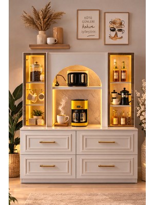 Setay LED Aydınlatmalı Kahve Köşesi – Valencia Bronz Reflekte Cam Vitrinli Çok Amaçlı Mutfak Dolabı