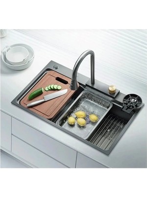 Moonshop Antrasit Mutfak Evyesi Premium Tasarım Batarya Dahil Set Çok Fonksiyonlu Mutfak Eviyesi