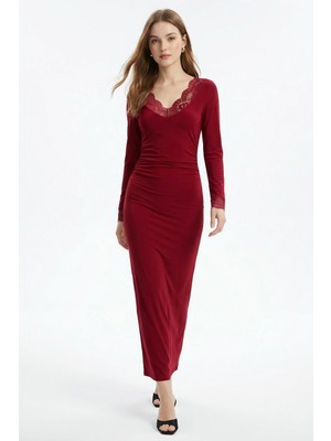 Rays Bordo V Yaka Dantelli Elbise 15067