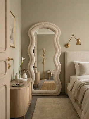 Todek Home Ayaklı Kumaşlı Boy Aynası - Modern Dalgalı Tasarım Büyük Boy Ayna (182X87 Cm)