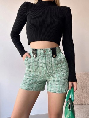 Shoplet Çıtçıtlı Siyah Köprü Tüvit Şort Yeşil