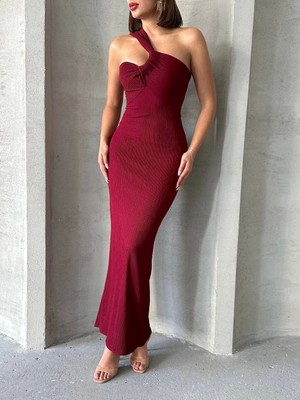 Shoplet Krinkıl Tek Omuz Uzun Elbise Bordo S25455