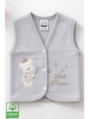 Miniel Unisex Bebek Prens Ayıcık Nakışlı Organik Pamuklu 3-6-9 Ay Kapitone Bebek Yelek
