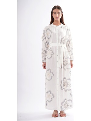 Ceremony Önden Düğmeli Çiçek Payetli Keten Astarlı Elbise 845 Ekru