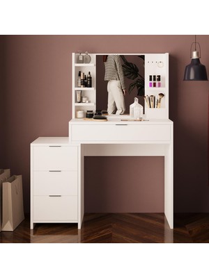 Bimossa A3050 Izabel Makyaj Masası Beyaz 3 Çekmeceli Aynalı Yan Dolaplı Raflı ve Fonksiyonel Tasarım