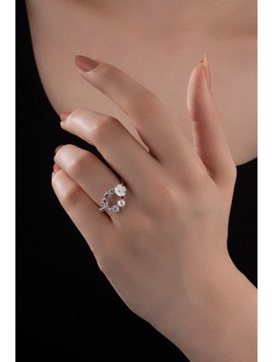 Spossy Silver Jewelry Yuvarlak Sedef Taşlı Manolya Çiçek Yüzük
