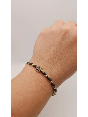 Tılsım Accesories Zirkon Taşlı Gold - Siyah Mineli Kelepçe Bileklik