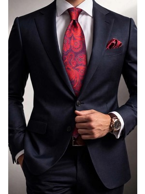 Kırmızı Şal Desen Mendilli Klasik Kravat KK13210