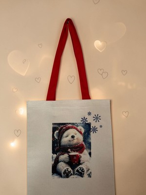 Al Davin Ayıcık Baskılı Gabardin Bezçanta Kırmızı Kulp