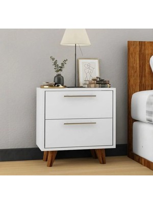 Bicabin Oslo 2 Çekmeceli Komodin Ahşap Ayaklı -Beyaz