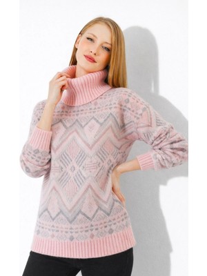 Irmak Kerekli Kadın Kilim Desenli Yumuşak Dokulu Balıkçı Yaka Triko Kazak 7590 Pembe