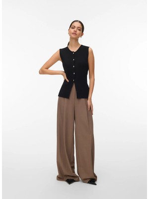 Vero Moda Yuvarlak Yaka Standart Düz Siyah Kadın Kazak Vmsaba Sl O-Neck Button Vest Btq