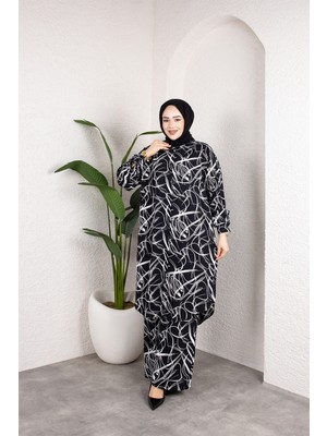 SFG Life Moda Kadın Tesettür Gömlek Yaka Karışık Çizgili Viskon Tunik-Pantolon Takım