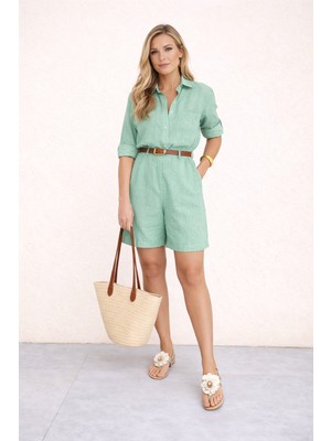 Barbora Yazlık Uzun Kol Keten Gömlek Şort Ikili Su Yeşili Takım