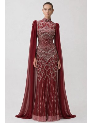 Olcay Boncuk ve Inci Bezeli Pelerin Detaylı Exclusive Tesettür Abiye Elbise Bordo 1078