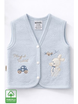 Miniel Erkek Bebek Kanaviçe Tavşan Nakışlı Organik Pamuklu 3-6-9 Ay Kapitone Bebek Yelek