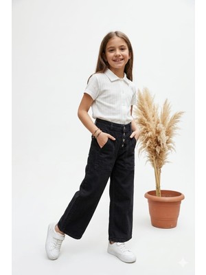 Butik Kız Çocuk Açık Mavi Geniş Paça Kot Pantolon %100 Pamuk Yüksek Bel Rahat Kalıp