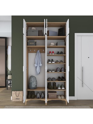 Rani EA161 Modern Portmanto 8 Kapaklı 8 Raflı 4 Askılı Ayakkabılık Vestiyer Sepet Ceviz - Beyaz