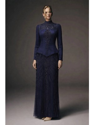 Olcay Boncuk ve Taş Bezeli Korseli Exclusive Tesettür Abiye Elbise Lacivert 1079