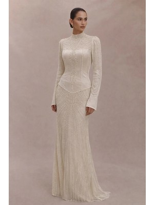 Olcay Boncuk ve Taş Bezeli Korseli Exclusive Tesettür Abiye Elbise Bej 1079